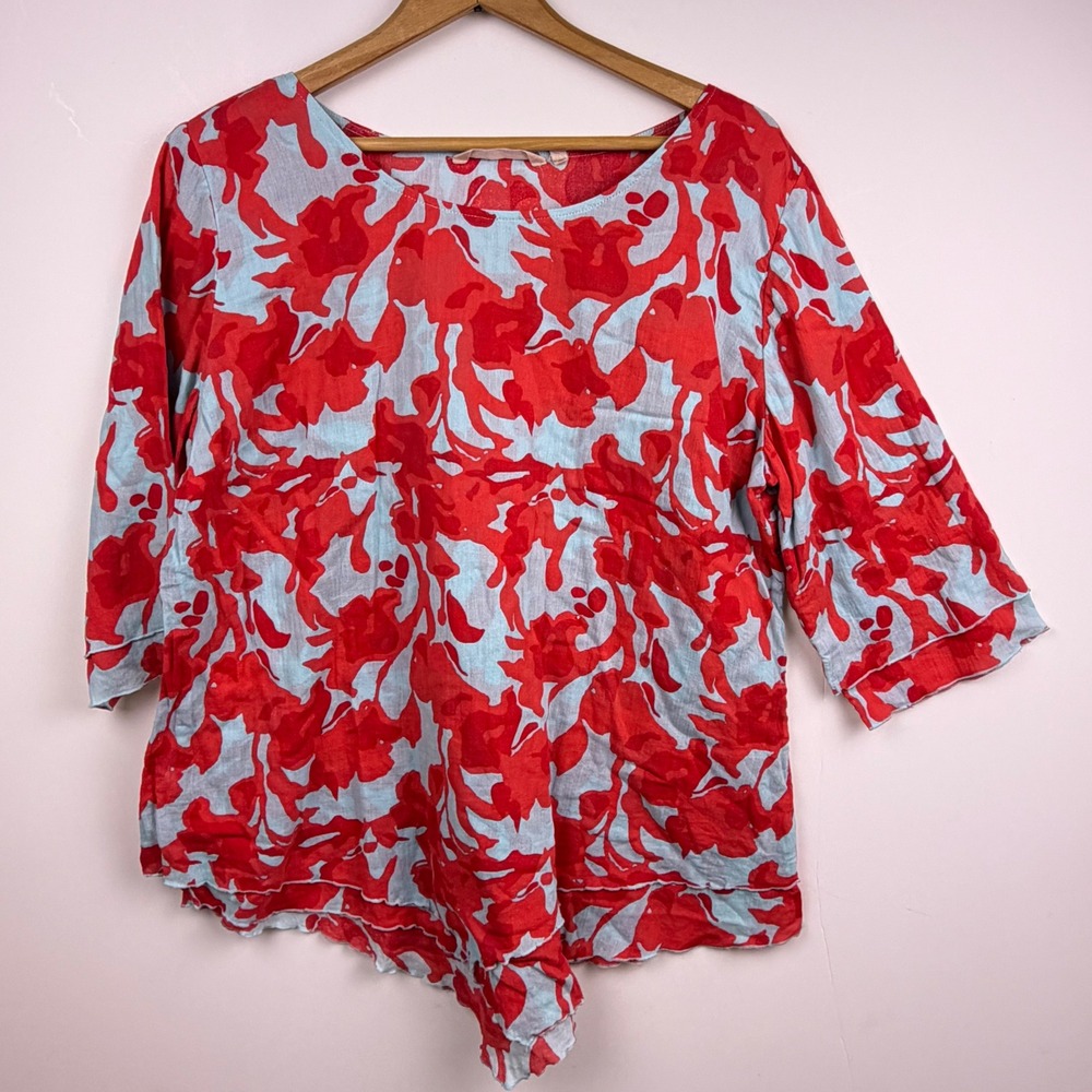 Soft Surroundings Red Blue Floral Loose Fit Scoop Neck 3/4 Sleeve Top Large